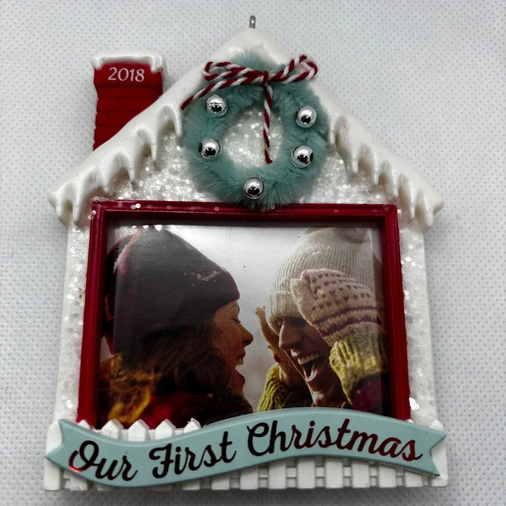 Hallmark Ornament White 2018 Our First Christmas Photo Frame House New